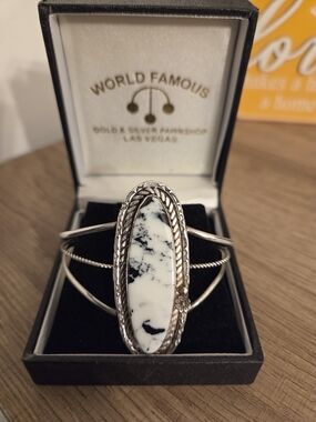 White and Black Dendritic Stone Sterling Cuff Bracelet and necklace pendant